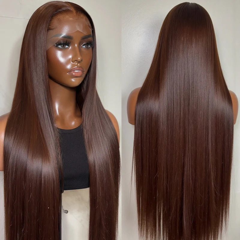 Hd Chocolate Brown 13x4 Straight Lace Front Wig Brazilian 13x4 Lace Frontal Wigs For Women Natural Human Hair Wig Pre-plucked 200% Density