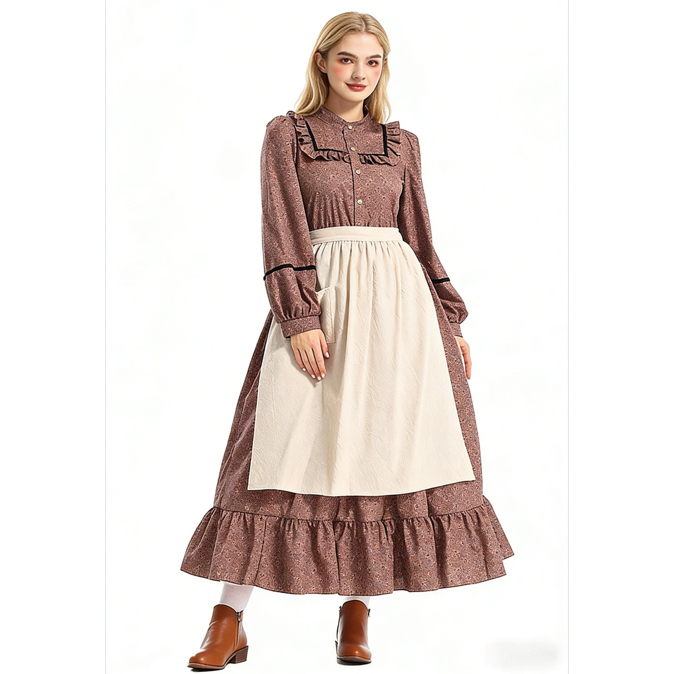 victorian colonial cottagecore dress apron brown