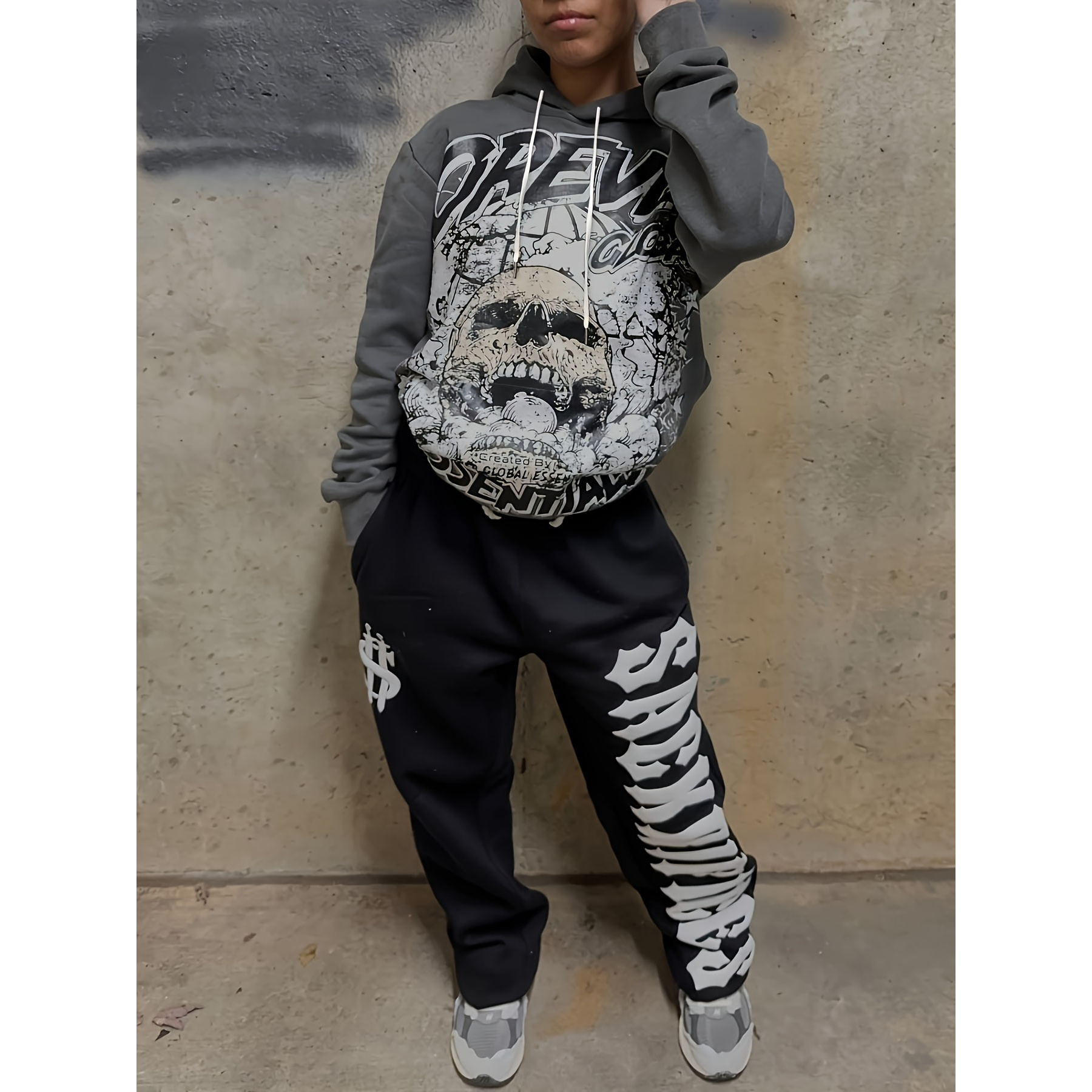 

Chic Skull Print Hoodie & Joggers Set For Women - Stretchy Polyester , Drawstring Waist, Machine Washable - Casual Streetwear Outfit