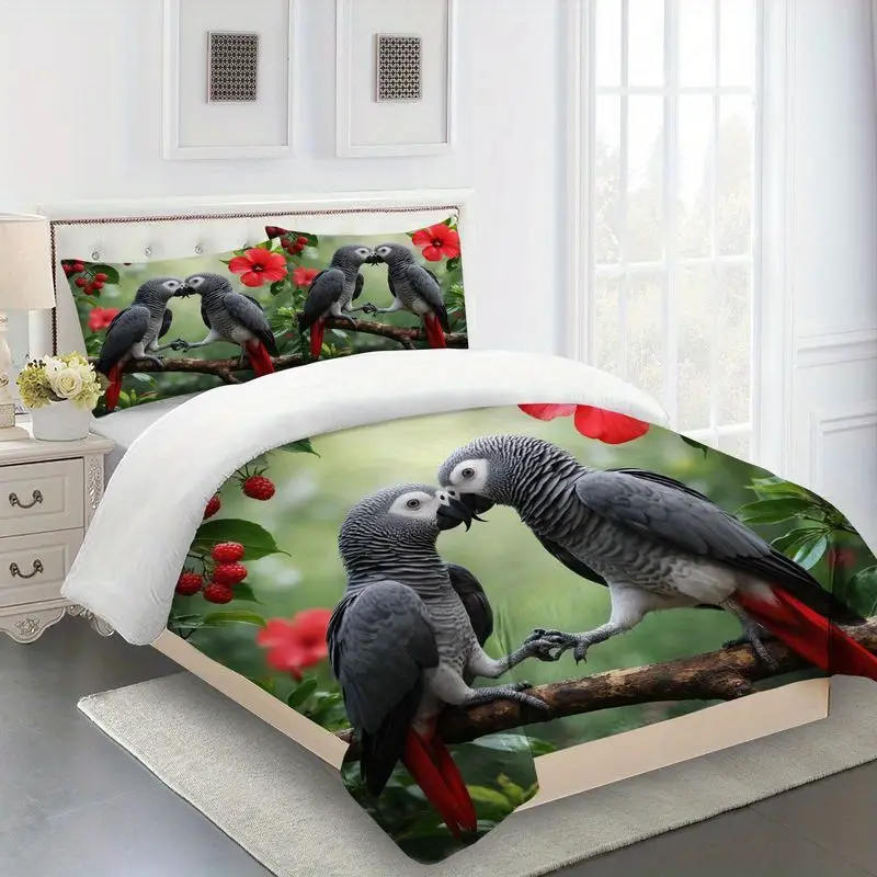 3pcs parrot duvet , bedding, romantic couples print, soft brushed microfiber for bedroom home decor 1 duvet +2 pillowcases, king size duvet , duvet set, bedding s, bedding comforter sets, bedroom decor, cozy bedroom, couple print, , textile, brushed fabric, pillowcase set, comforter set, couples gift, , quality bedding set, set, king size bed Product details 3