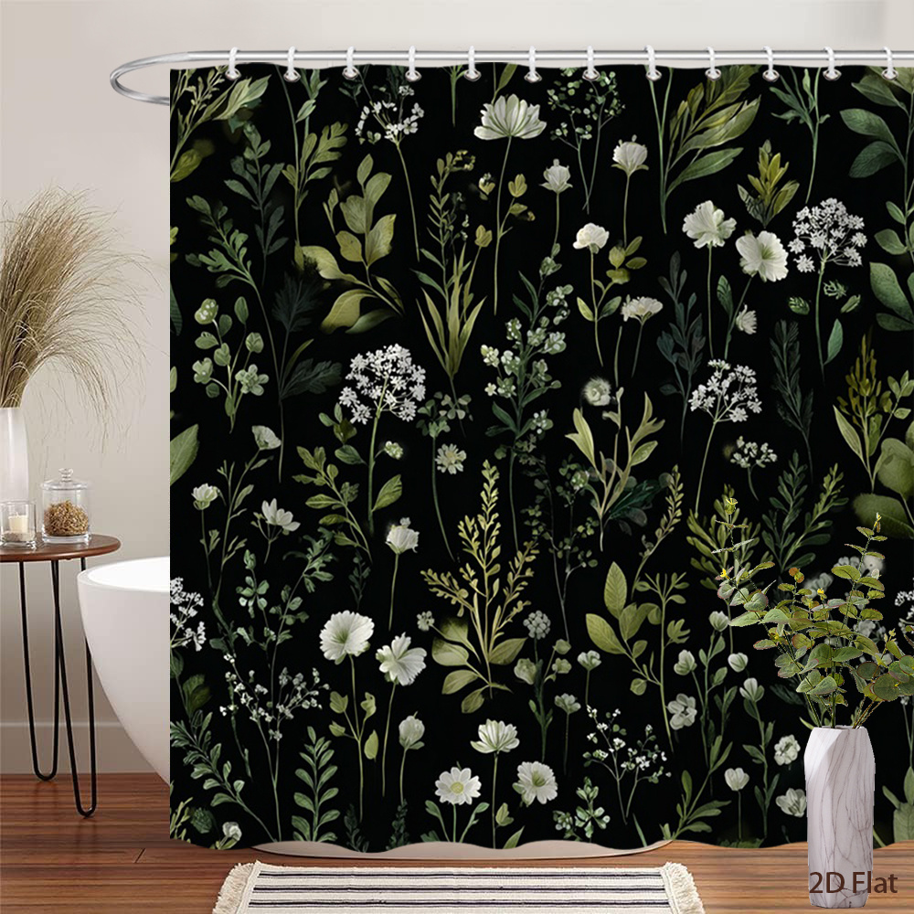 TEMU 2d Flat, 1pc 2d Flat Floral Shower Curtain Elegant Greenery And White Flowers Botanical Design Bath Curtain Set With 12 Hooks For Bathroom