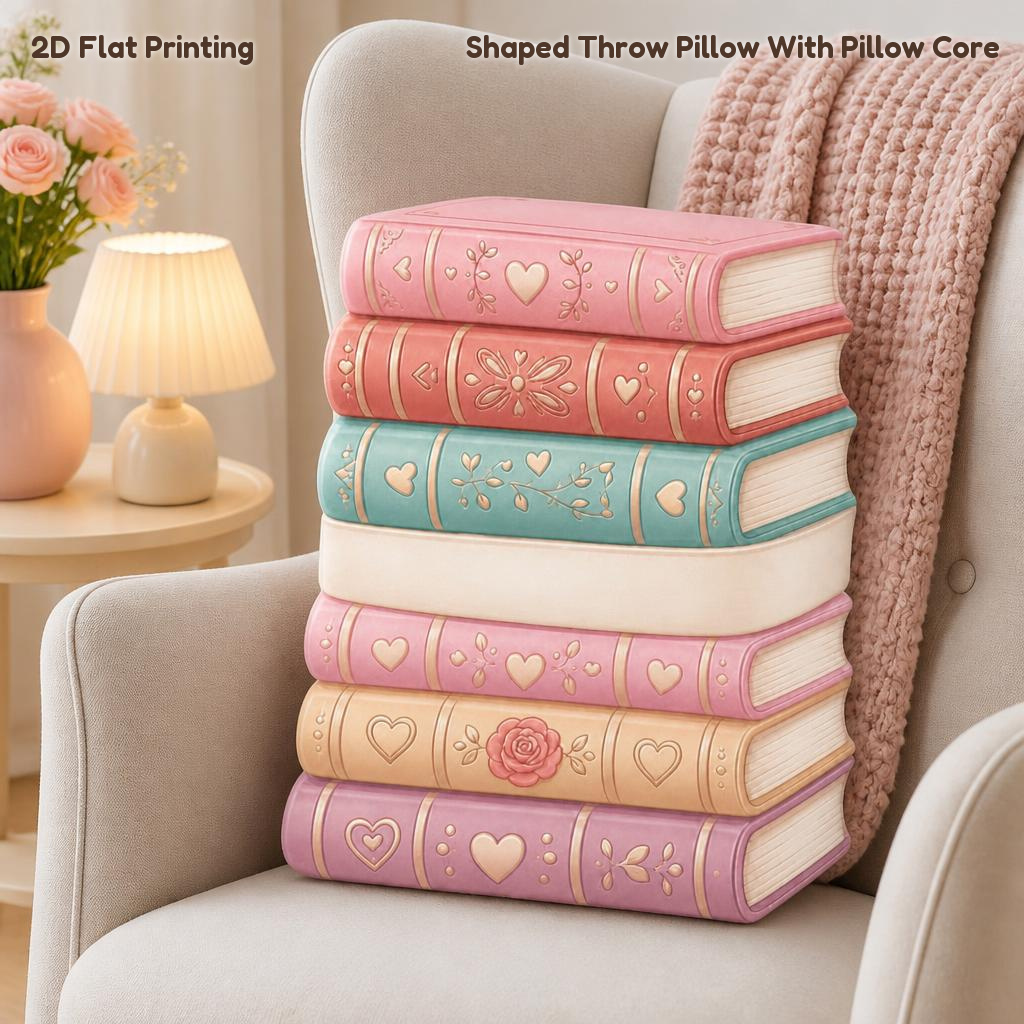 TEMU Romantic Book Stack Heart Book Lovers Gift 2d Flat Printing Shaped Stuffed Throw Pillow Decorative Cushion For Bedroom Sofa Reading Decor And