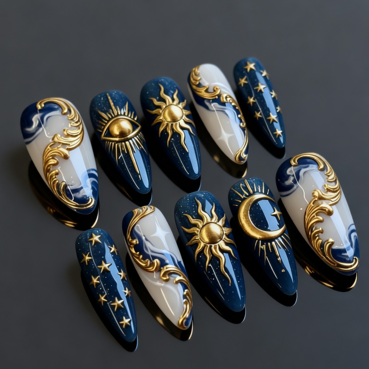 TEMU 10pcs 3d Relief Moon, Embossed Mysterious Fake Nails, Long Almond Starry Sky Wearable Nails, Detachable Fake Nails, , Women's Wearable Nails