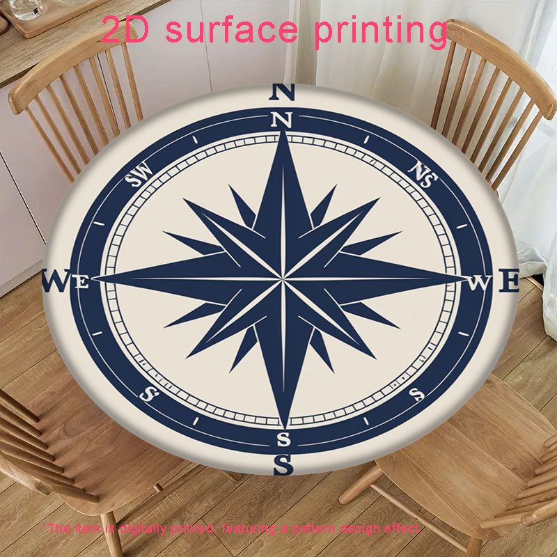 TEMU 1pc 2d Flat Printing Vintage Nautical Style Dark Pattern 2d Flat Printed Round Elastic Tablecloth, Suitable For Round Dining Tables, Polyester