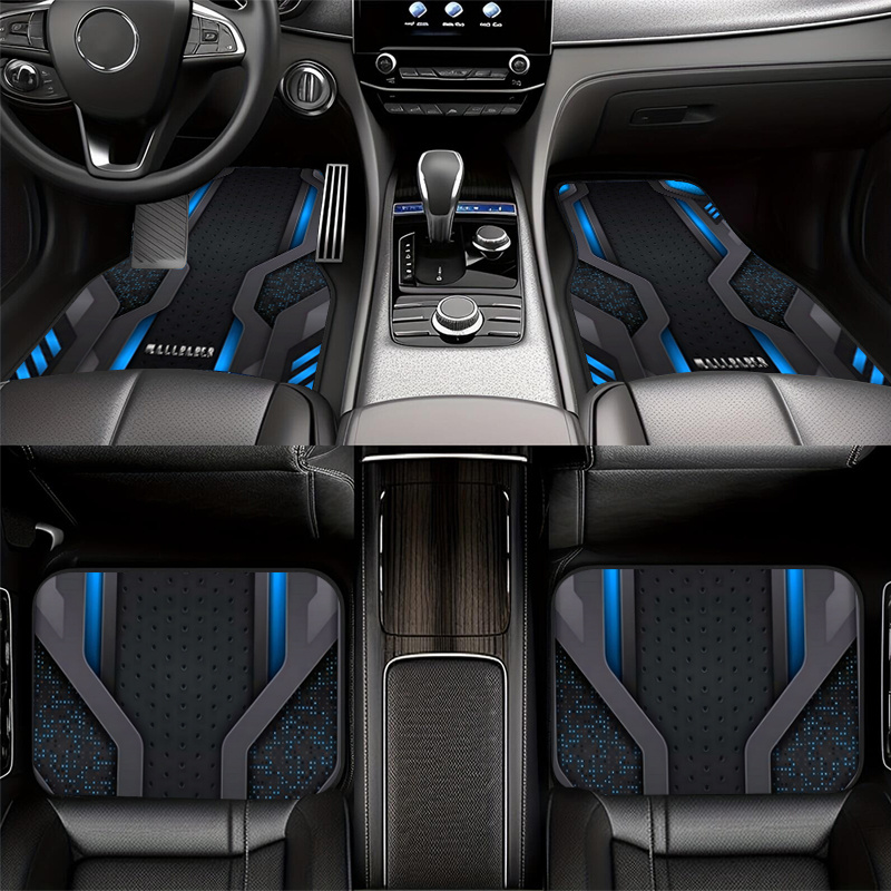 TEMU Fuallwin 2d Flat Printed 2/4pcs Blue And Black Tech Style Printed Car Floor Mats, Universal Automotive Interior Mats, Durable, Suitable For All