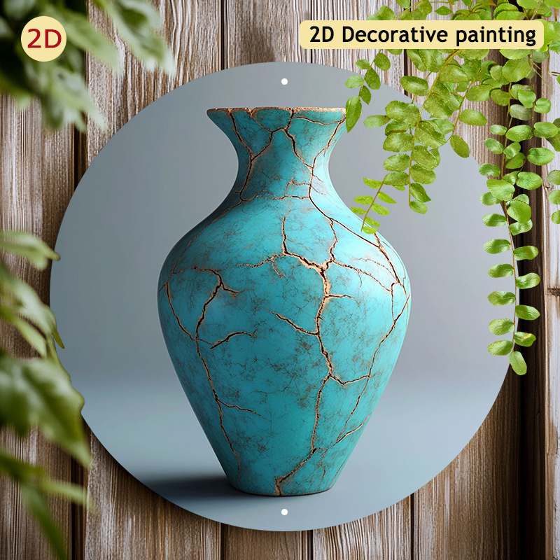 

1pc Elegant Turquoise Vase 8x8" Round Aluminum Wall Art - Rust-proof & Uv , -resistant With Pre-drilled Holes, Home & Garden Decor, Ideal Holiday Gift, 2d, Room Decor