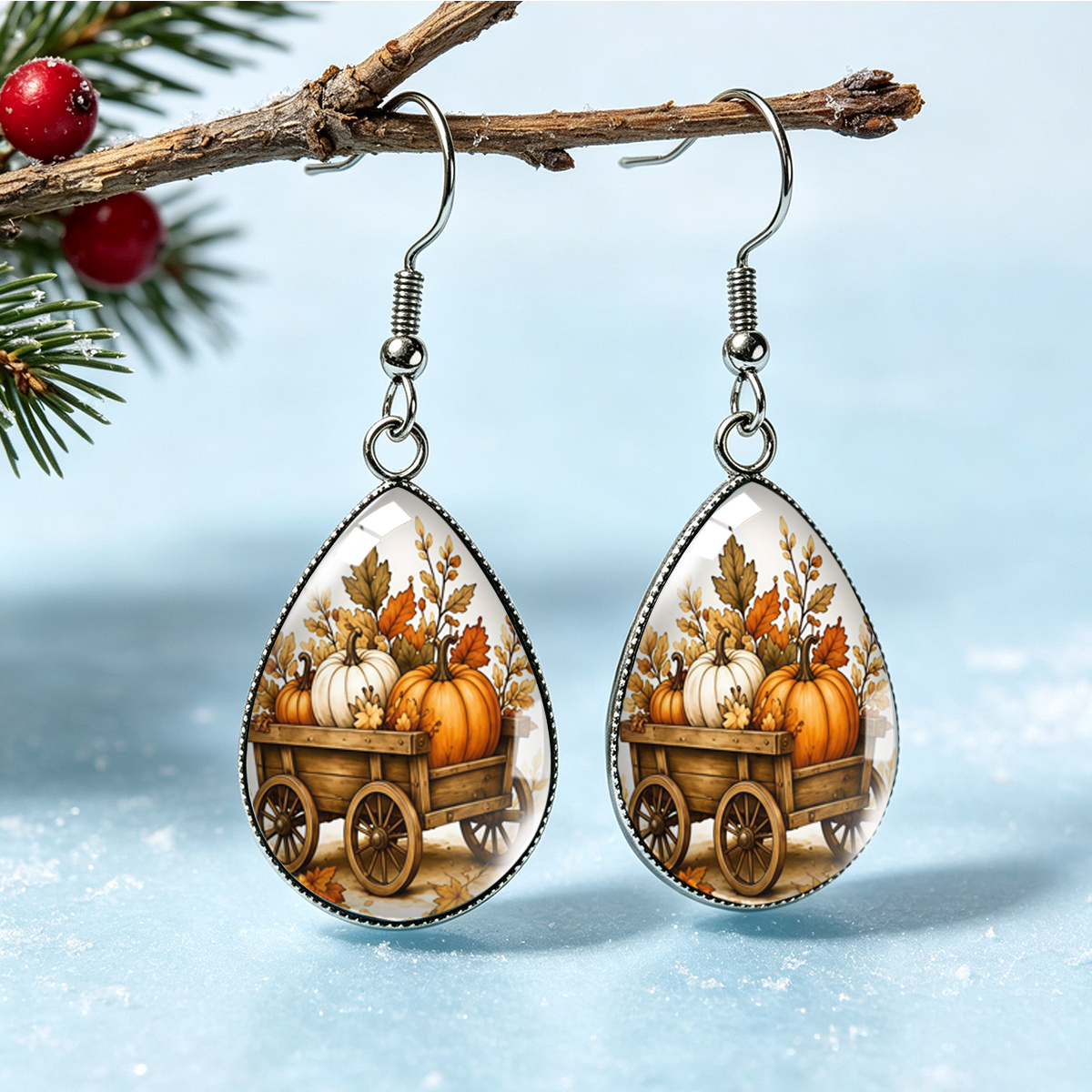 TEMU Pair Of Pendant Stainless Steel Earrings, Harvest Pattern, Autumn Style Unisex Earrings