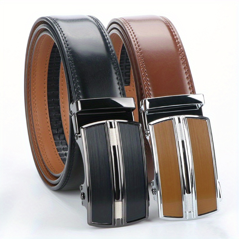TEMU 2pcs Genuine Leather Ratchet Belt For Men - Adjustable Automatic , Versatile Casual , Durable Alloy , High-quality Leather Panel, And Suitable