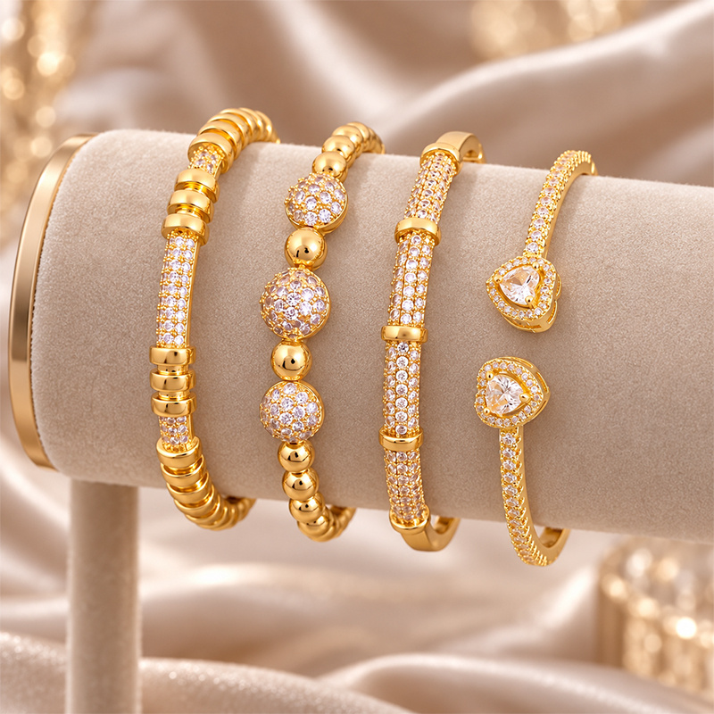 Delicate Stacking Bangles Set, Heart Highlight & Classic Bead Bangles