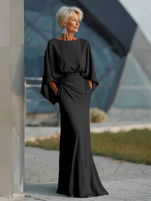2026 spring new long sleeved dress womens high waist folds waist thin medium and long style commuting vacation