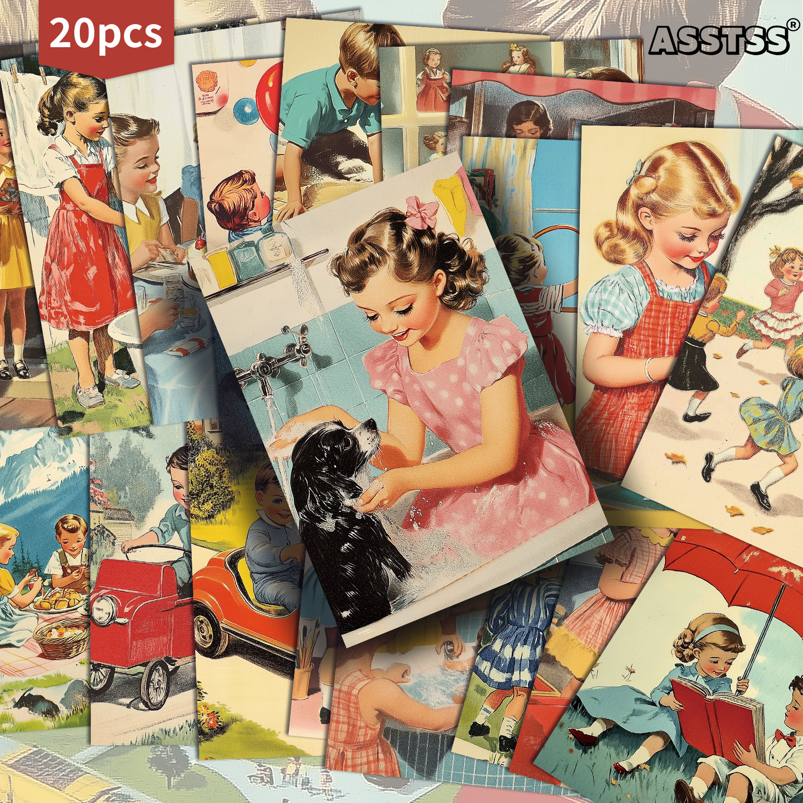 TEMU 20-pack Asstss Vintage 1950s Playtime Postcards - 4x6 Inches Junk Journal Supplies Paper, Scrapbooking Supplies, Collectible Decorative Painting