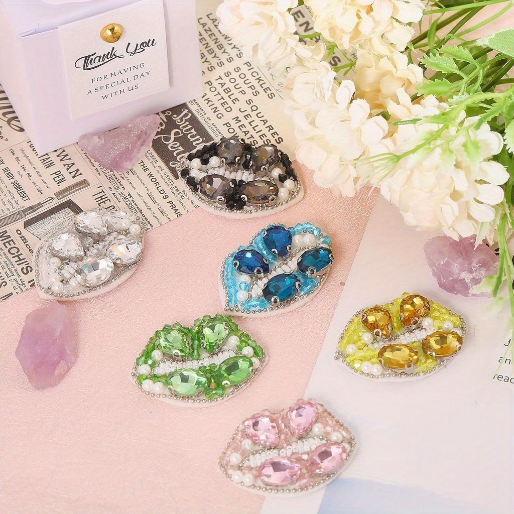 6pcs Lip Beaded Patches Rhinestone Appliques Sew On Bling Embroidery Accessories for Sewing Clothes Dress Sweater DIY Scrapbooks Bags