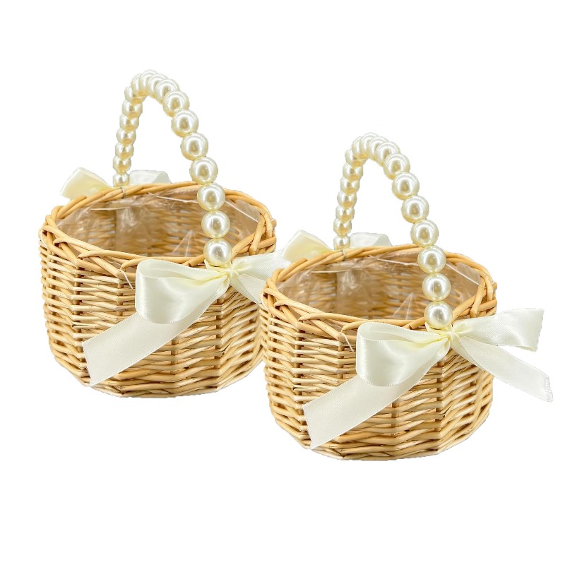 TEMU 2pcs Set Pearl Handle Woven Wedding Basket, Bow Decoration Flower Boy Hand Basket, Wedding Petal Scattering Basket Home Floral Storage Basket