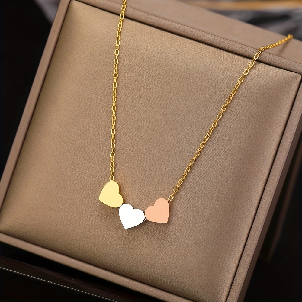 TEMU Elegant Three-heart Pendant Necklace For Women - Stainless Steel, Sexy Chain Design, Perfect For Daily Wear And Vacation, Easter Gift
