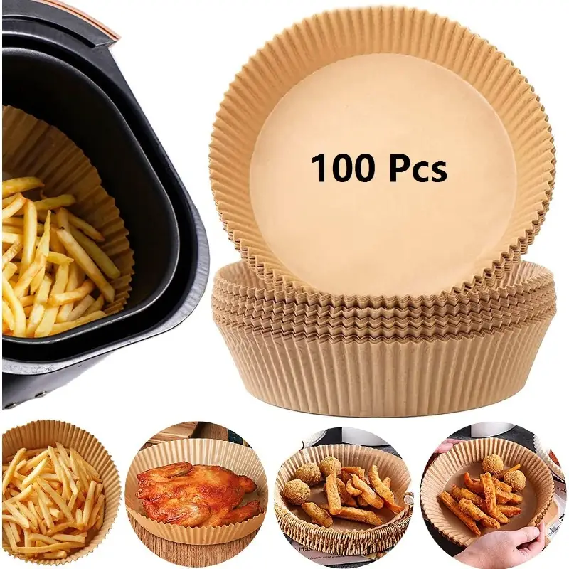 100pcs air fryer parchment paper liners nonstick disposable 6 3 inch round pre cut edges food grade waterproof oilproof heat resistant up to 428 oven microwave baking bbq air fryer safe for sensitive stomachs easy bulk pack microwave safe oilproof material home cooks meal preppers Product details 0