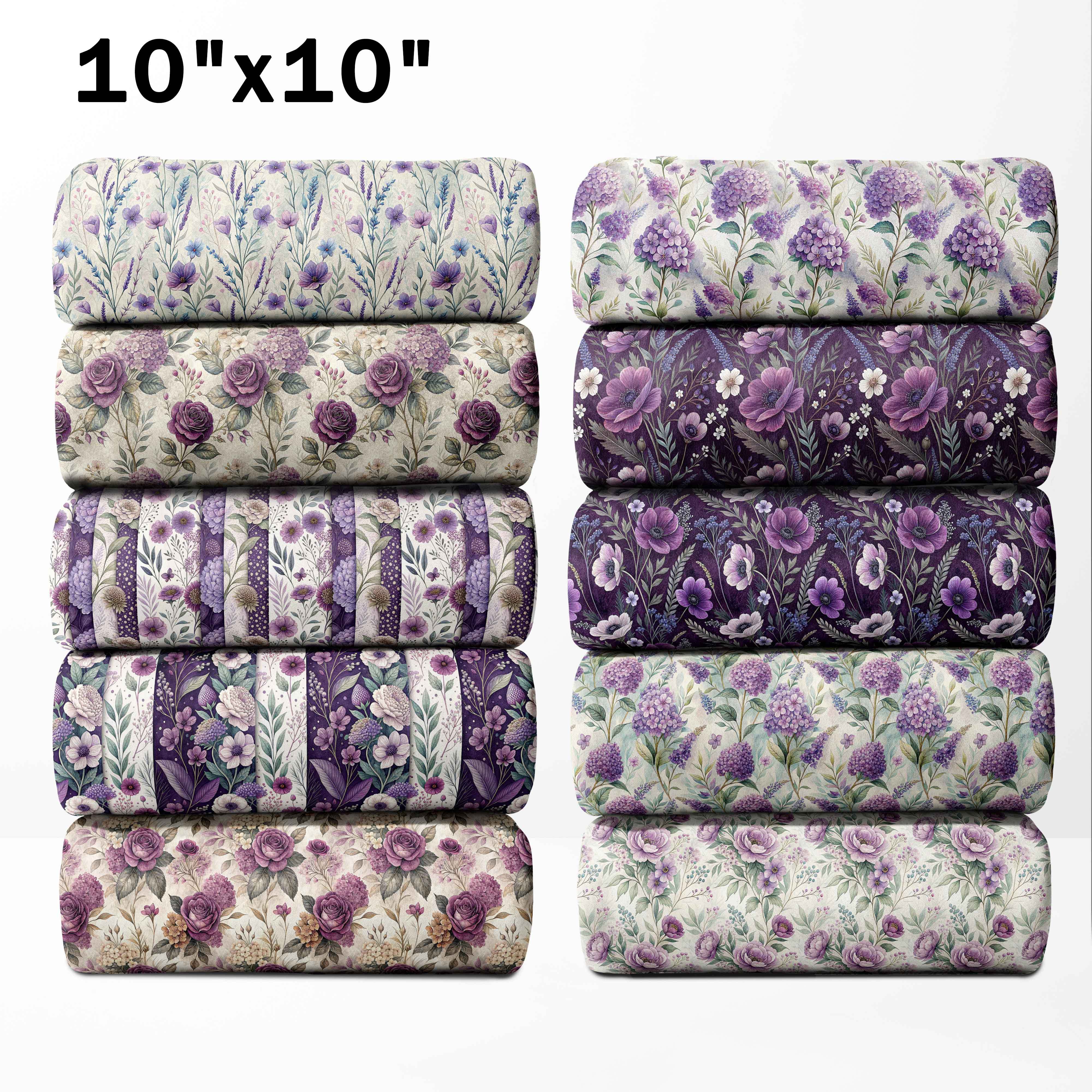 TEMU Lot de 10 pièces Combinaison Layer Cake/Fat Eighth/Fat Quarter, Violets Romantiques avec Dix Imprimés, Décoration Florale , Tissu 100 % Fibre de