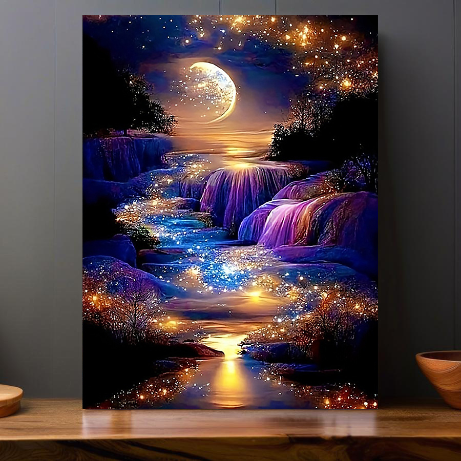 

Room Decor 1pc Waterfall Landscape Canvas Art Print, 12x16 Inch, Moonlight Scenery Wall Decor For Home, Bedroom, Living Room, Office, Cafe, Hotel