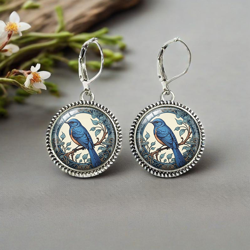 TEMU A Pair Of Vintage Round Glass Earrings Featuring A New Art Bluebird Design, Without Battery