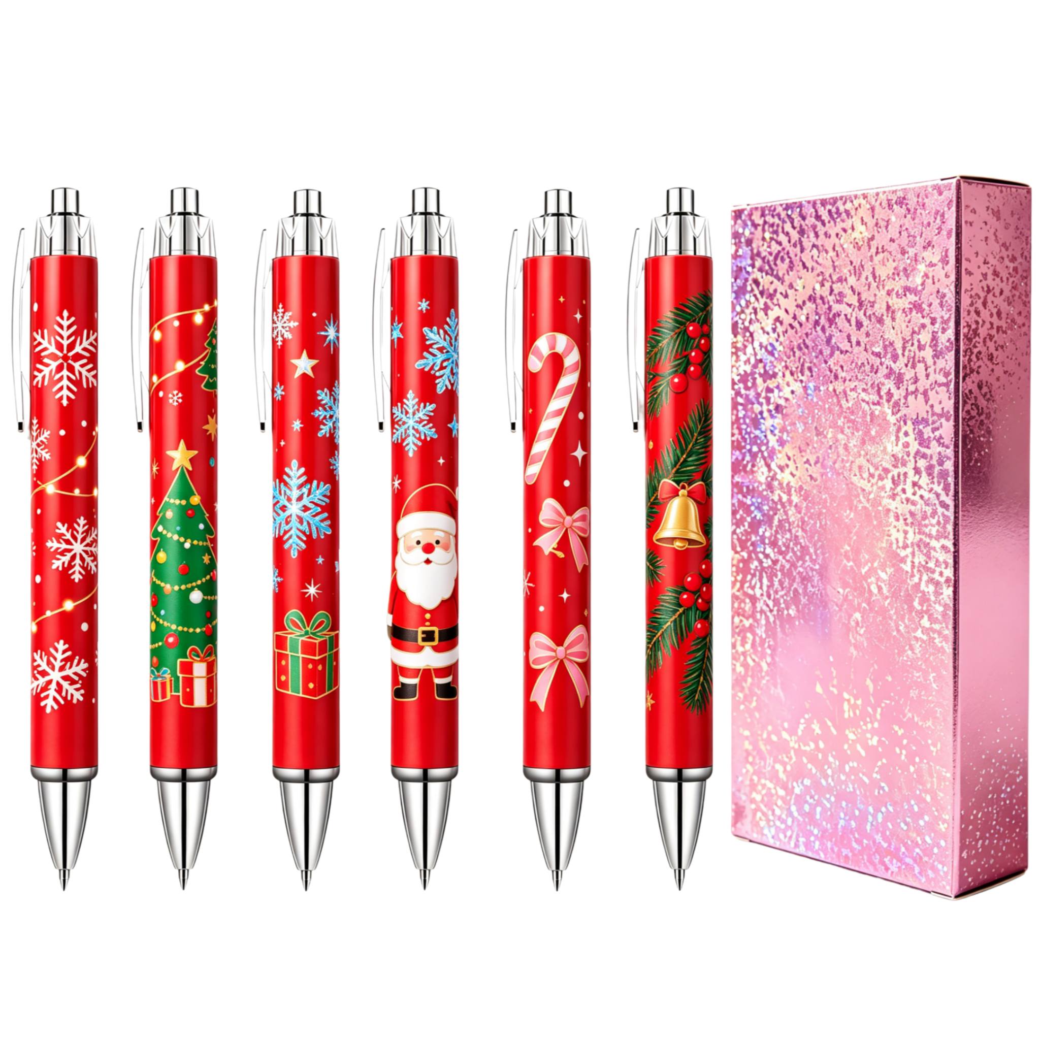 TEMU 6pcs Christmas Gel Pens Set With Gift Box, Smooth Writing, Santa Claus Snowflake Christmas Tree Hd Pattern, Pink , Ideal Xmas Holiday Gift