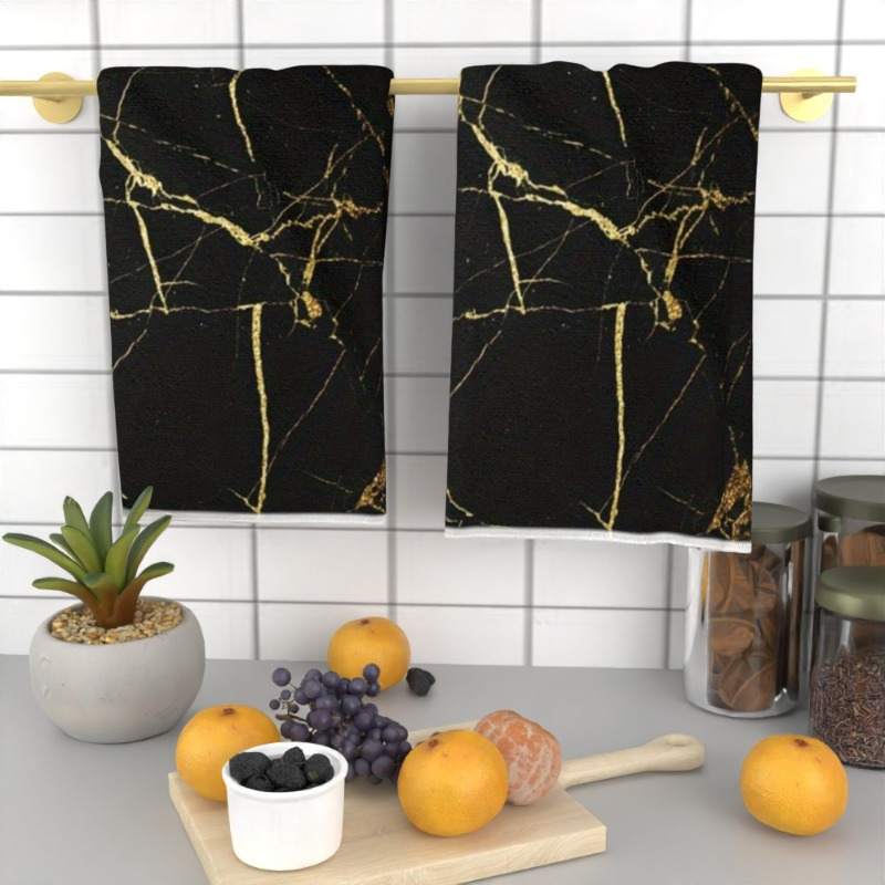 

2pcs Marble Black And Golden Towel Set, 18x26 Inch, Super Soft, Woven Polyester, Contemporary Style, Luxurious Spa And Bathroom Towels, Absorbent, , With 240gsm For Home Decor And Gifts