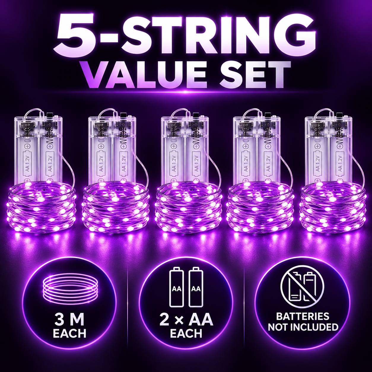 TEMU Battery Operated Purple Fairy Lights, 5 Sets Of 118 Inch Led String Lights For Mason Jars, Centerpieces, Weddings, Parties, And Holiday