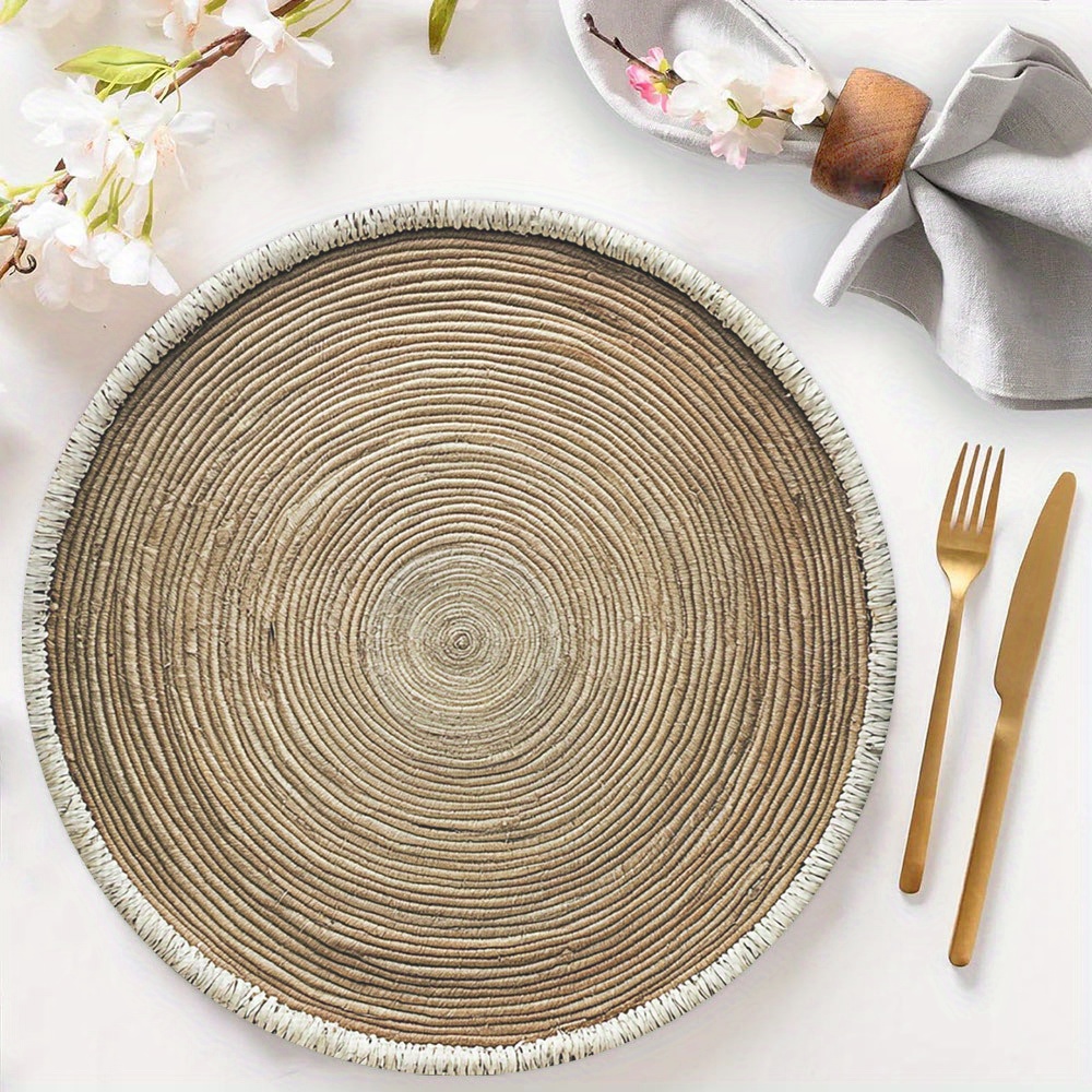 4pcs Wood Grain Round Placemats, Minimalist Style, 15x15 Inches / 38x38cm, Washable Placemats Suitable for Dining Tables, Holiday Decorations, Parties, Coffee Tables, Kitchen Tables, 15in X 15in, Universal Design, Perfect Gift for Chefs