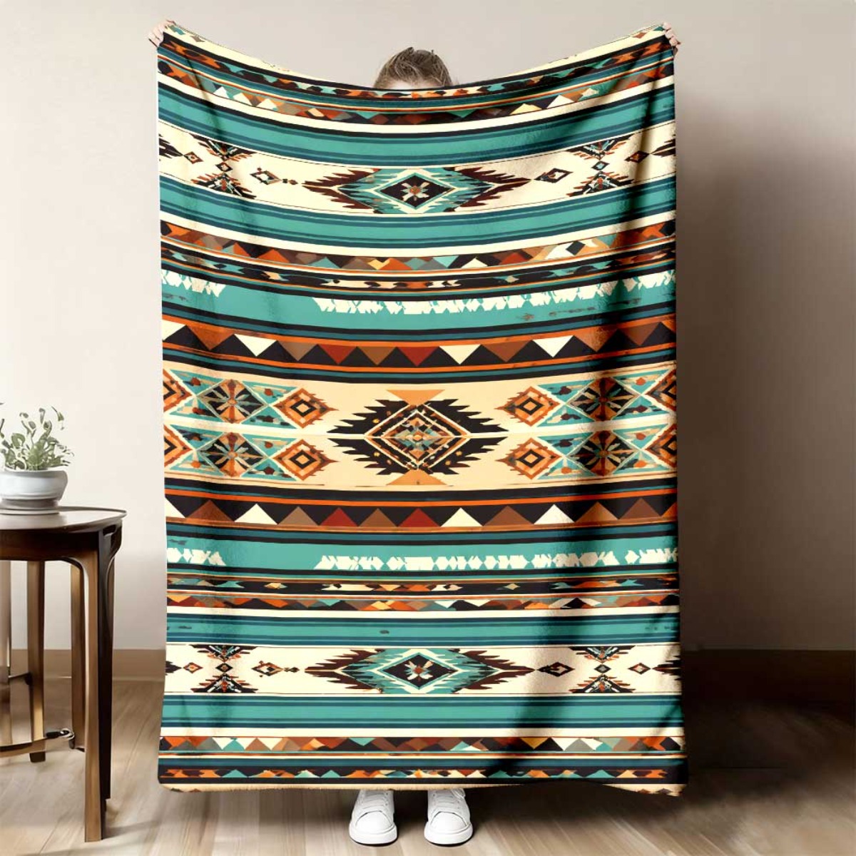 TEMU 1pc Southwestern Tribal Geometric Striped Pattern Fleece Blanket | Extra Large Oversized Plush Absorbent Lightweight | With Strong Wrapping |