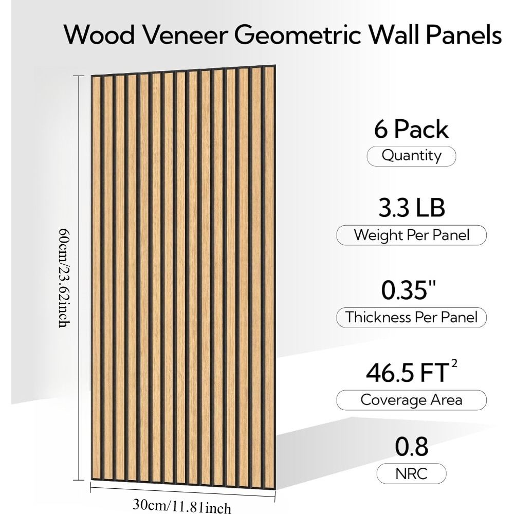 6 Pack Olanglab Wood Veneer Acoustic Wall Panels, 59.94 X 29.97 cm Sound Absorbing Wall Panels for Interior Wall Decor