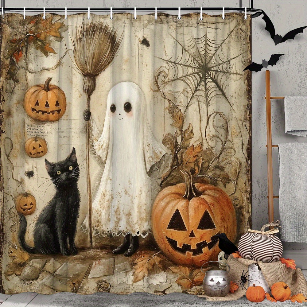 2d flat printing 1pc ghost cat pumpkin shower curtain halloween vintage halloween scene   black cat jack o lantern   modern fashion home bathroom room decoration bathroom accessories with 12 hooks home decor 70 8x70 8 inch