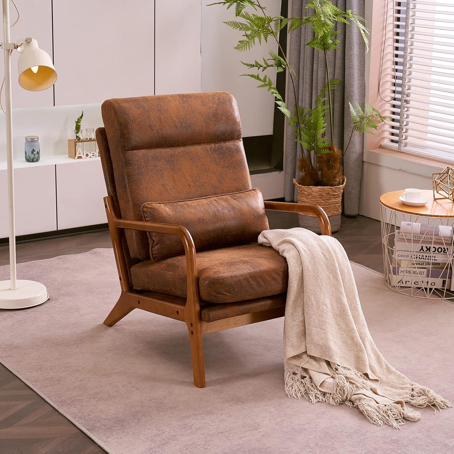 Mid-century Modern Accent Chair With Pillow - High Back Lounge Armchair, Upholstered In Soft Fabric With Solid Wood Frame, For Living Room, Bedroom & Balcony, Beige