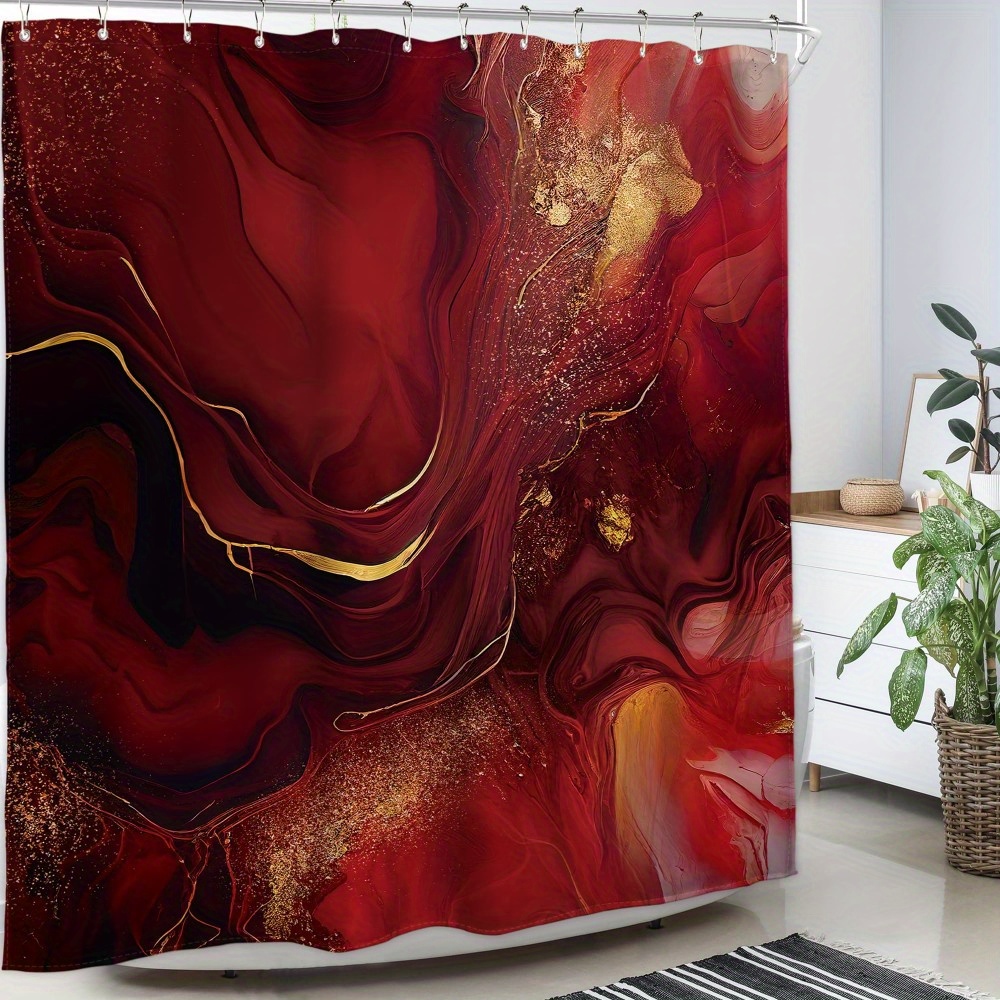 

Burgundy Marble Print Waterproof Shower Curtain With Hooks - Machine Washable Polyester Bathroom Decor