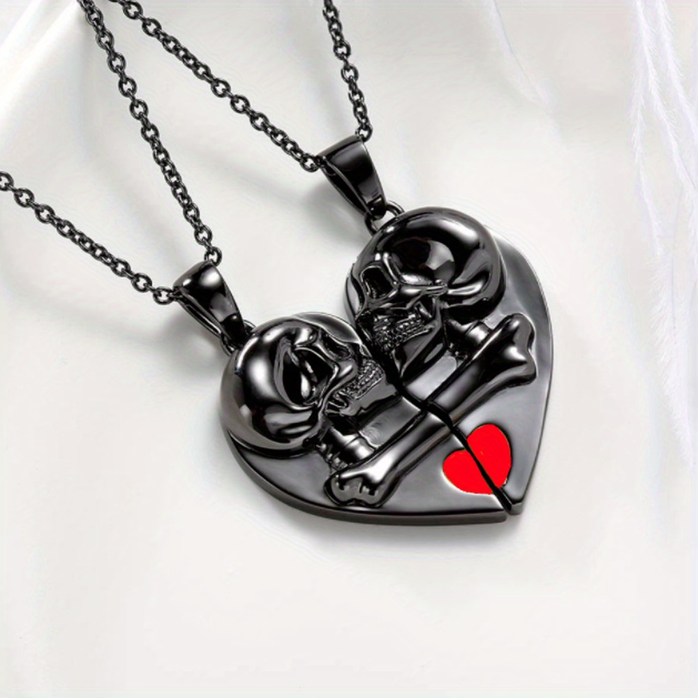 

Vintage Heart-shaped Trendy Punk Skull Love Magnetic Necklace For Or Couples, Valentine's Day Gifts.