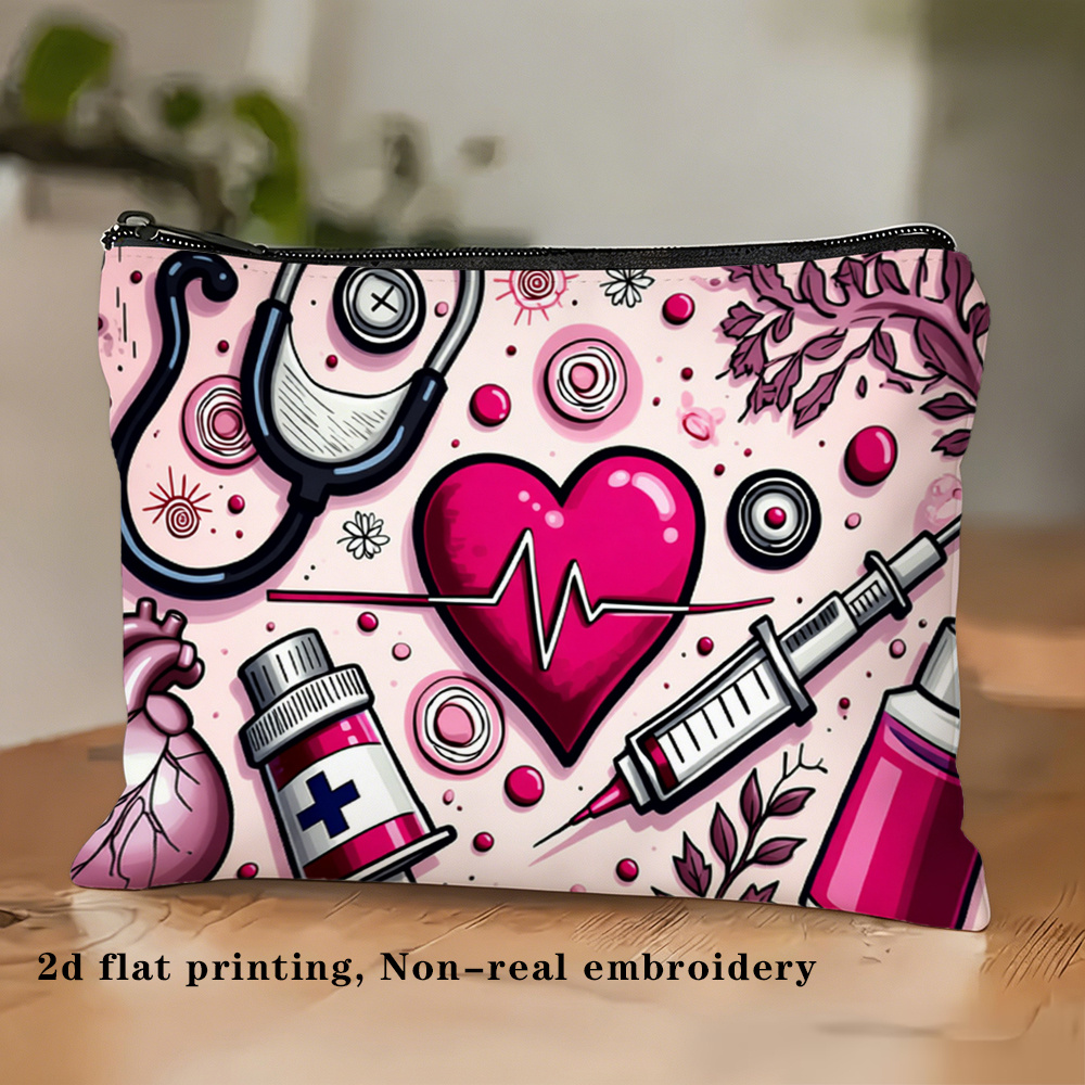 TEMU 1 pièce, Impression 2D à plat, Trousse de maquillage, Pochette à cosmétiques sur le thème avec un stéthoscope, un cœur, une seringue, un flacon