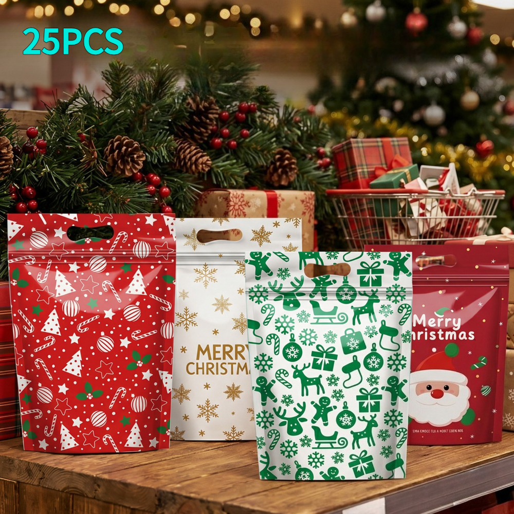 TEMU 25pcs Christmas Party Gift Packaging Bag Self Standing Zipper Composite Film Sealed Bag Christmas Day Party Gift Bag Self Sealing Bag Holiday