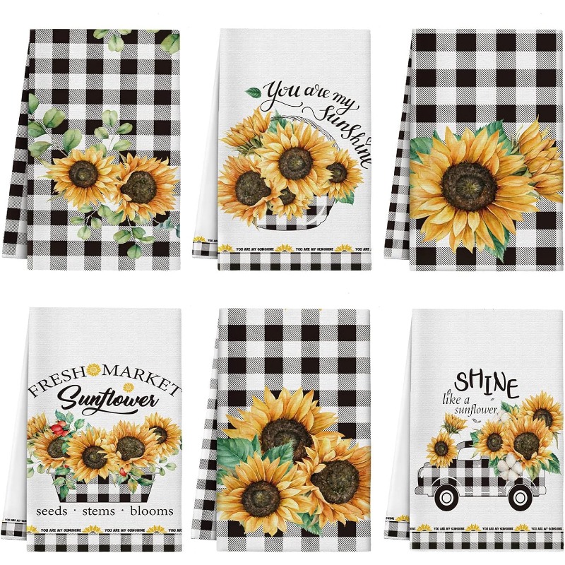 

6-pack 18x26inch Polyester Kitchen Towels, Sunflower & Print, , Soft Dish Towels With Lanyard For Easy Hanging, Machine Washable, Home & Kitchen Decor