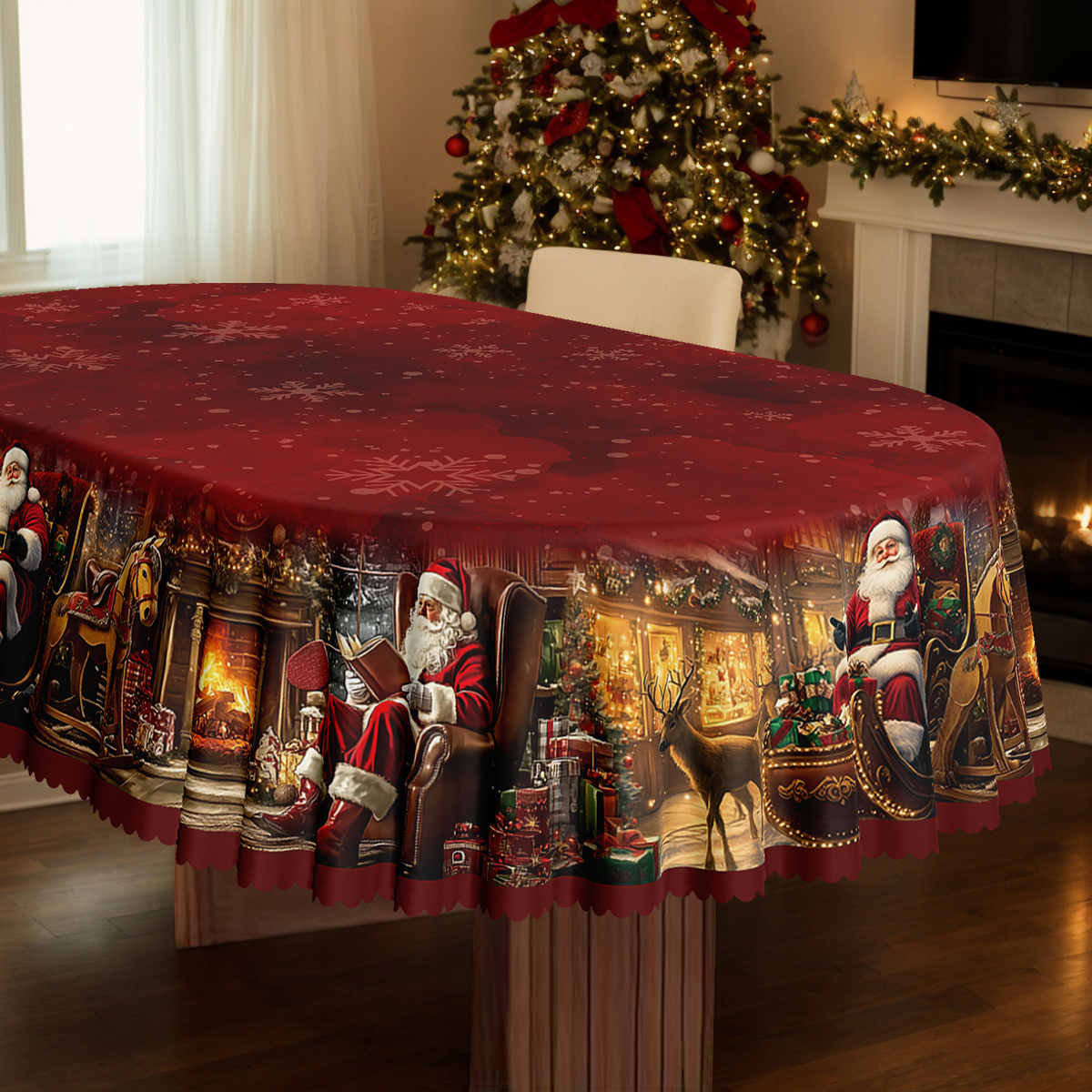 Image of 1pc Red & Burgundy Christmas Tablecloth With Santa, Reindeer & Snowflake Print - Round/oval/rectangular ' - Decor, Durable Fabric With Scalloped Edges For /outdoor Holiday Dining (easy-clean)