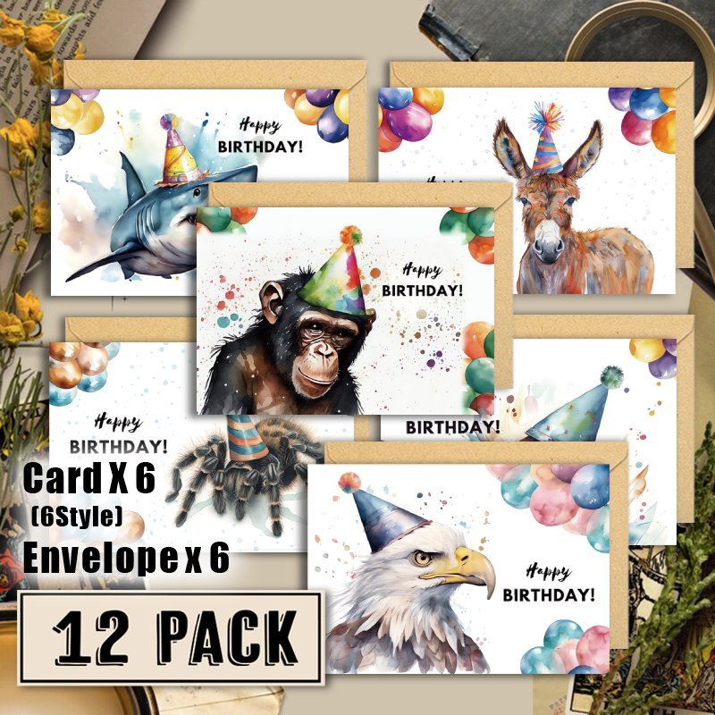 

12pcs Cards With Envelopes, Animal Watercolor Illustration, Blank Notecards For