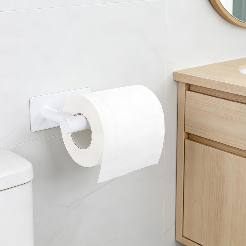 TEMU 1pc No-drill Adhesive Plastic Toilet Paper Holder, Easy Rectangular Wall-mounted Rust-proof Waterproof, Strong Adhesive Tissue Organizer,