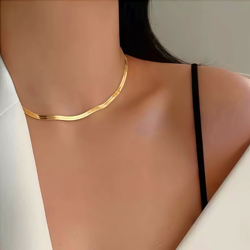 TEMU High Quality Wavy Herringbone Choker Necklace For Women, Steel 18k Golden Plated, Golden And Silvery Tone, Minimalist Light Luxury, Daily