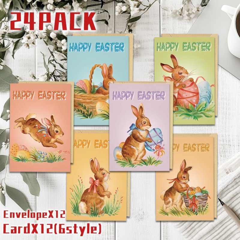 

24 Pack Retro Easter Bunny And Egg Greeting Cards, Assorted Paper Holiday Cards For , Vintage Style Easter Celebration Cards