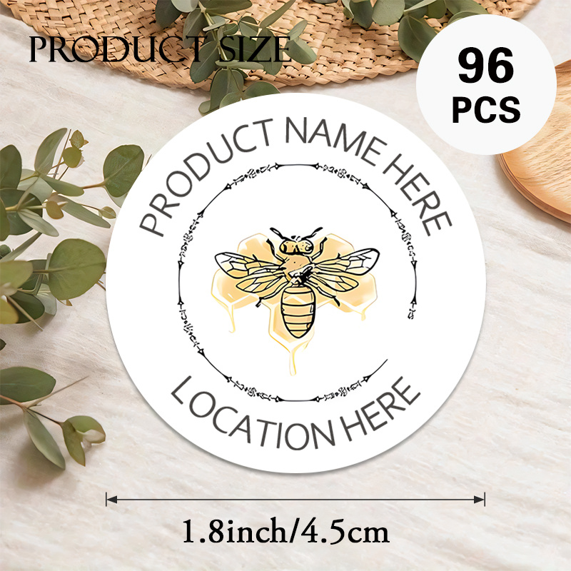 TEMU Personalized Circular Stickers Available In Sets Of 48 Or 96, Designed With A Bee And Honeycomb Theme, Branding, Packaging, And Promotional