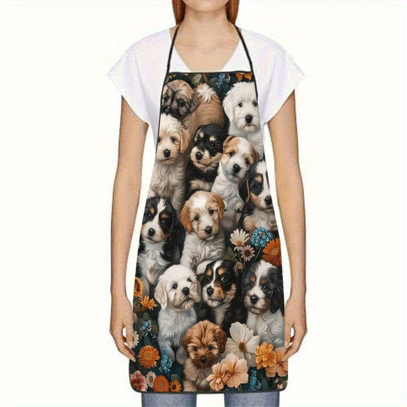 TEMU 1pc Cute Puppy & Floral Apron With Puppies And Flowers Print - Suitable For , Unisex Kitchen Apron For,, Bbq, For Home Use,, Or A Gift For Pet