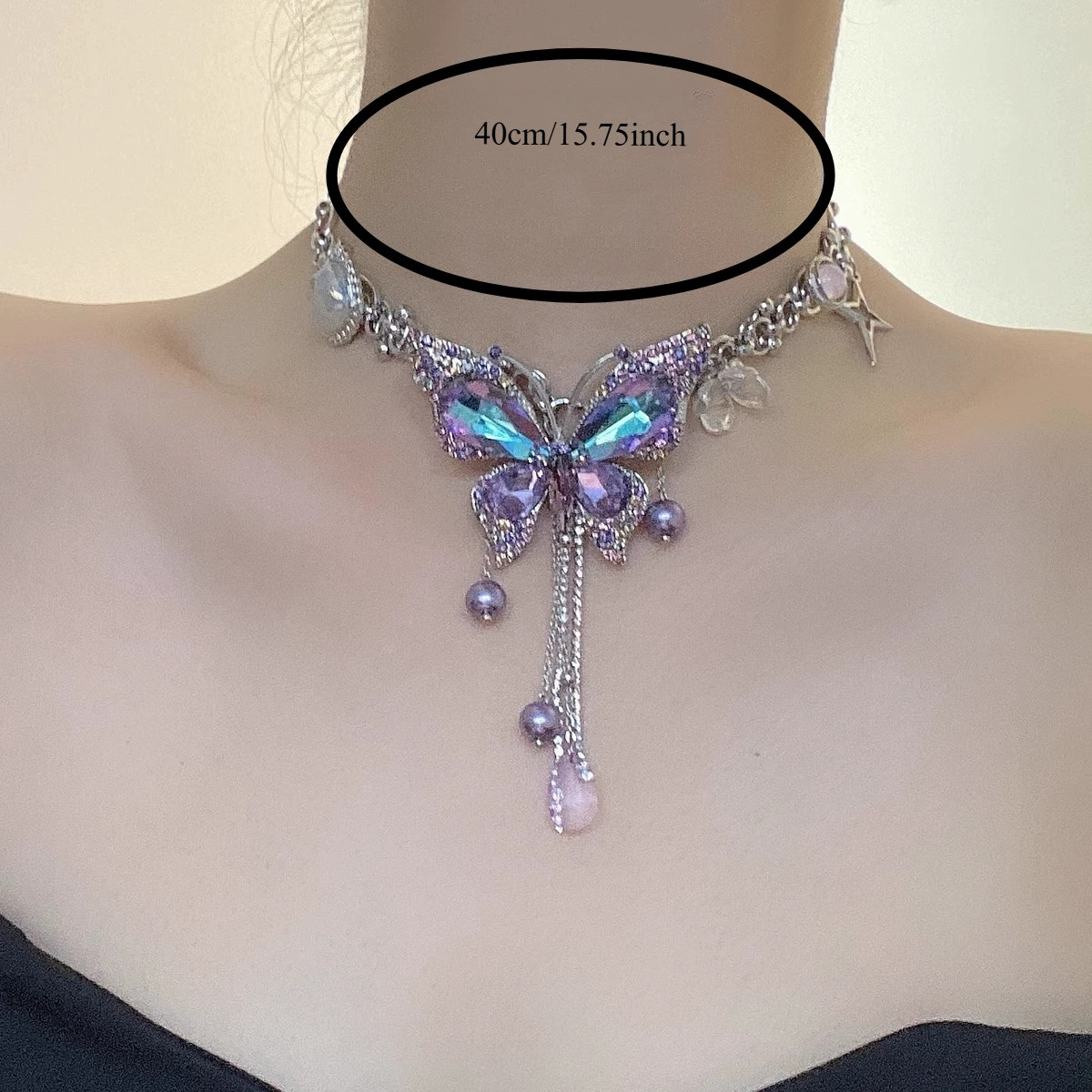 TEMU Collier d'été pour femme avec perles et franges -violet, style aile de papillon avec synthétique. Design à la marquée, style industriel lourd