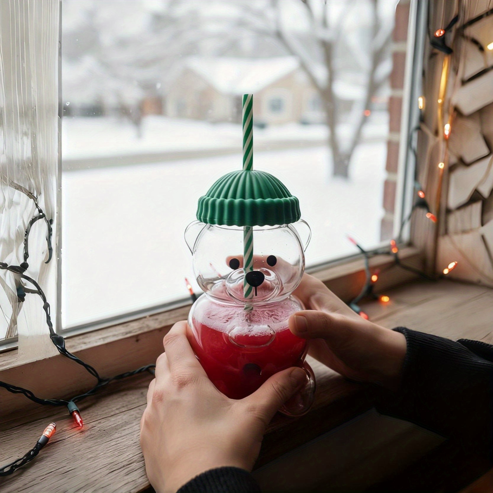 mini cute transparent glass bear shaped cup with green hat straw winter themed office drinkware durable glass construction with straw spill proof lid ideal gift for women birthday christmas present kitchen dining accessory Product details 3
