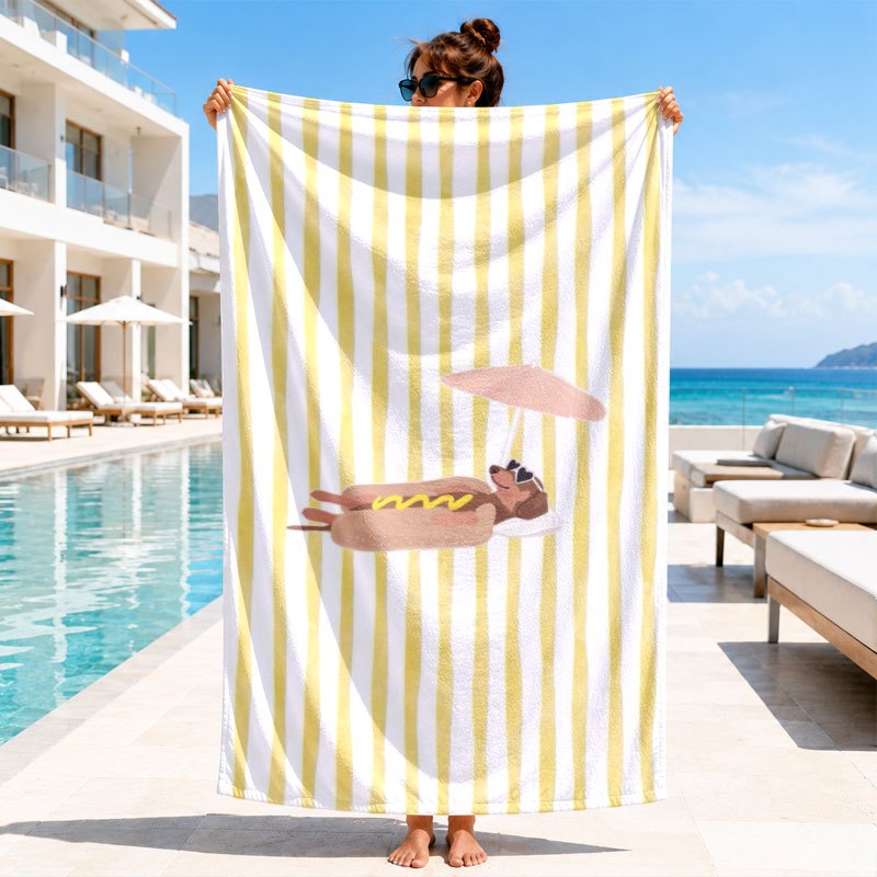 TEMU Creamy Yellow And White Striped Dachshund Hot Dog Digital Hd Printed Microfiber Beach Towel, Soft And Absorbent, Lightweight And Quick-drying,