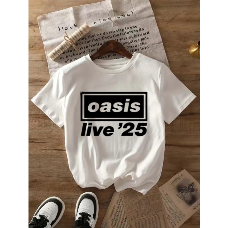 

Women's Casual Crew Neck T-shirt With " Live '25" Letter Print, Short Sleeve, Knit Polyester (95%) & Spandex (5%) , Top, Regular Length - Summer & Spring Fashion