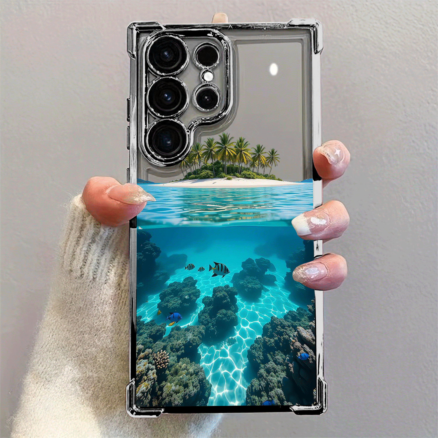TEMU Phone Case - Creative Palm Tree Island Pattern New Electroplated Transparent Tpu Anti-fall Phone Case Suitable For Galaxy