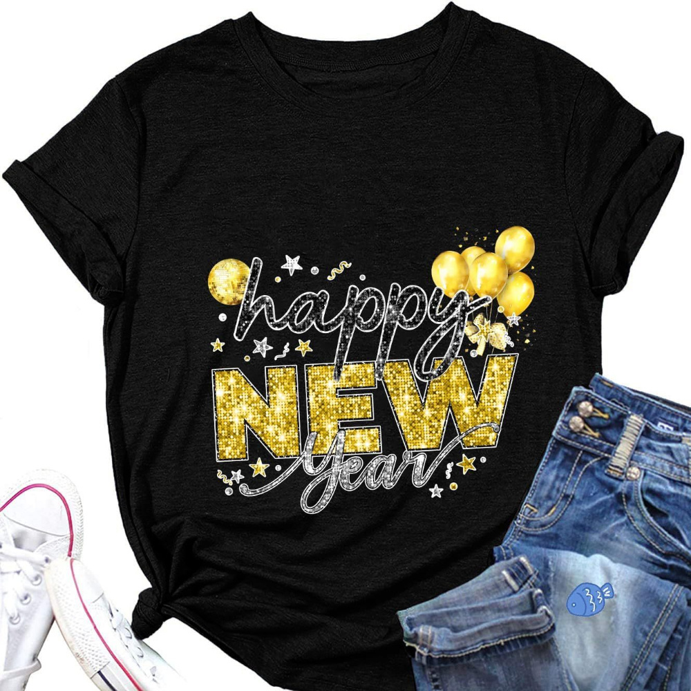 

Happy New Year 2025 Cotton T-shirt For Women Funny Novelty New Year's Eve Countdown Celebration Party Graphic Top