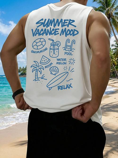 mens casual sports vest lightweight and breathable knitted fabric printed with english text and surfboard graphics crew neck sleeveless top suitable for and casual wear