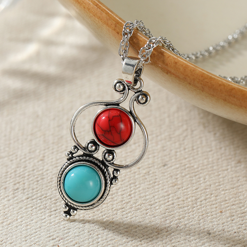 TEMU Vintage Luxury Inlaid Synthetic Turquoise Necklace For Women, Bohemian Style Silvery Color Handmade Necklace Suitable For Daily And Christmas